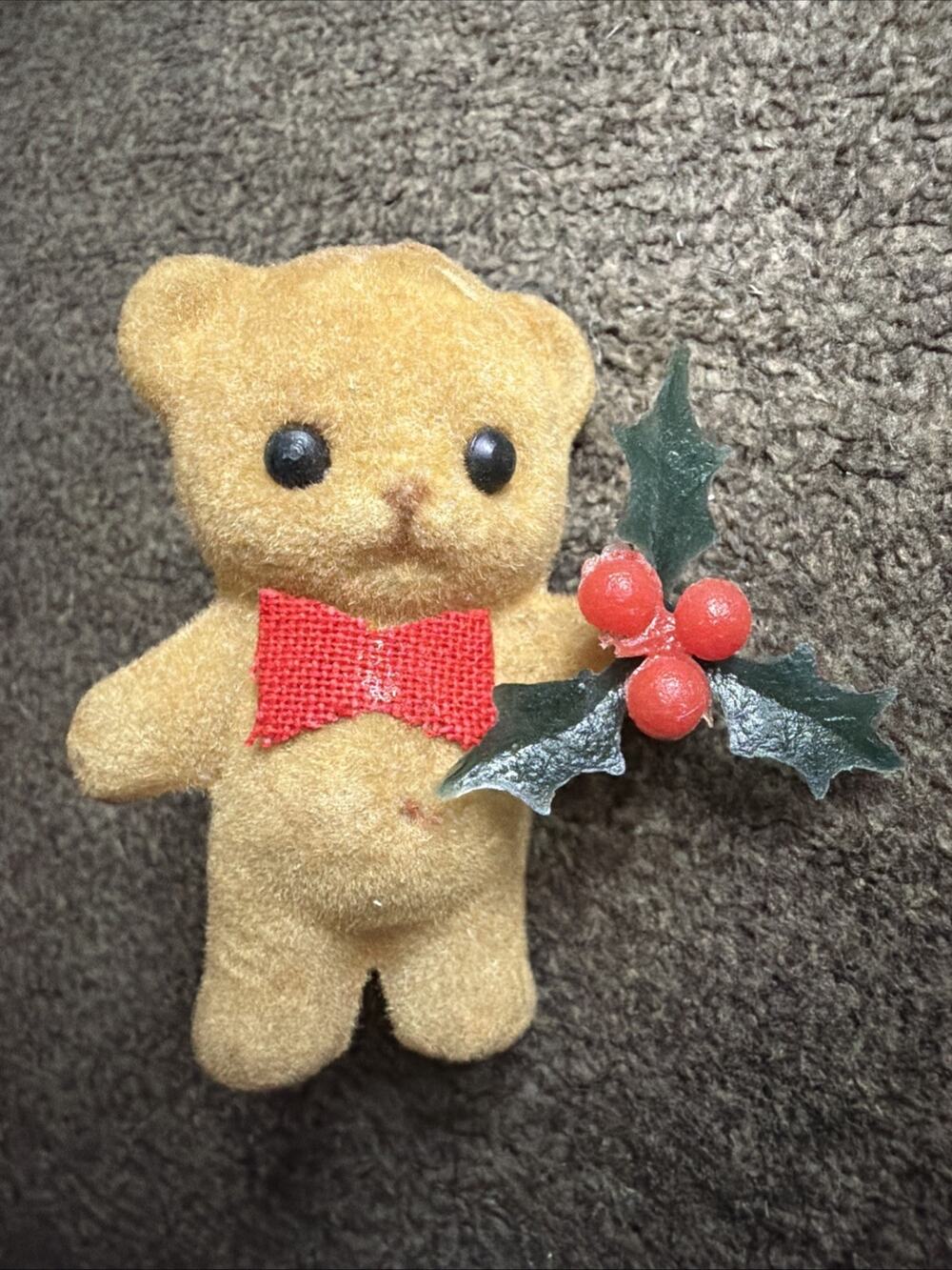 Vintage Flocked Felt Teddy Bear Christmas Ornament